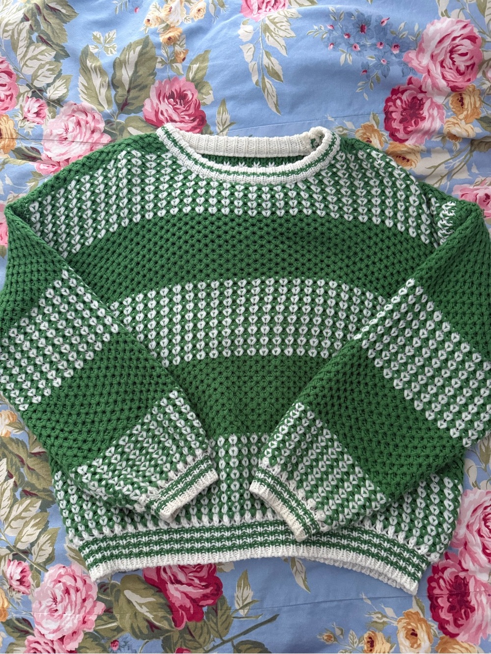 Green and White Striped Knit Sweater - Women's Cozy Pullover